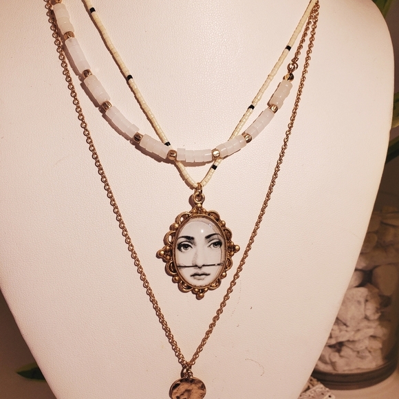 ANTIQUE ART LAYERED Necklace Dainty GOLD FORNASETTI EVIL EYE PROTECTION CHARMS - Picture 5 of 5